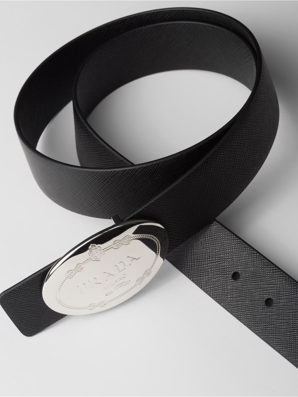 Prada Black Saffiano Leather Belt with Steel Buckle with Engraved Savoia Logo